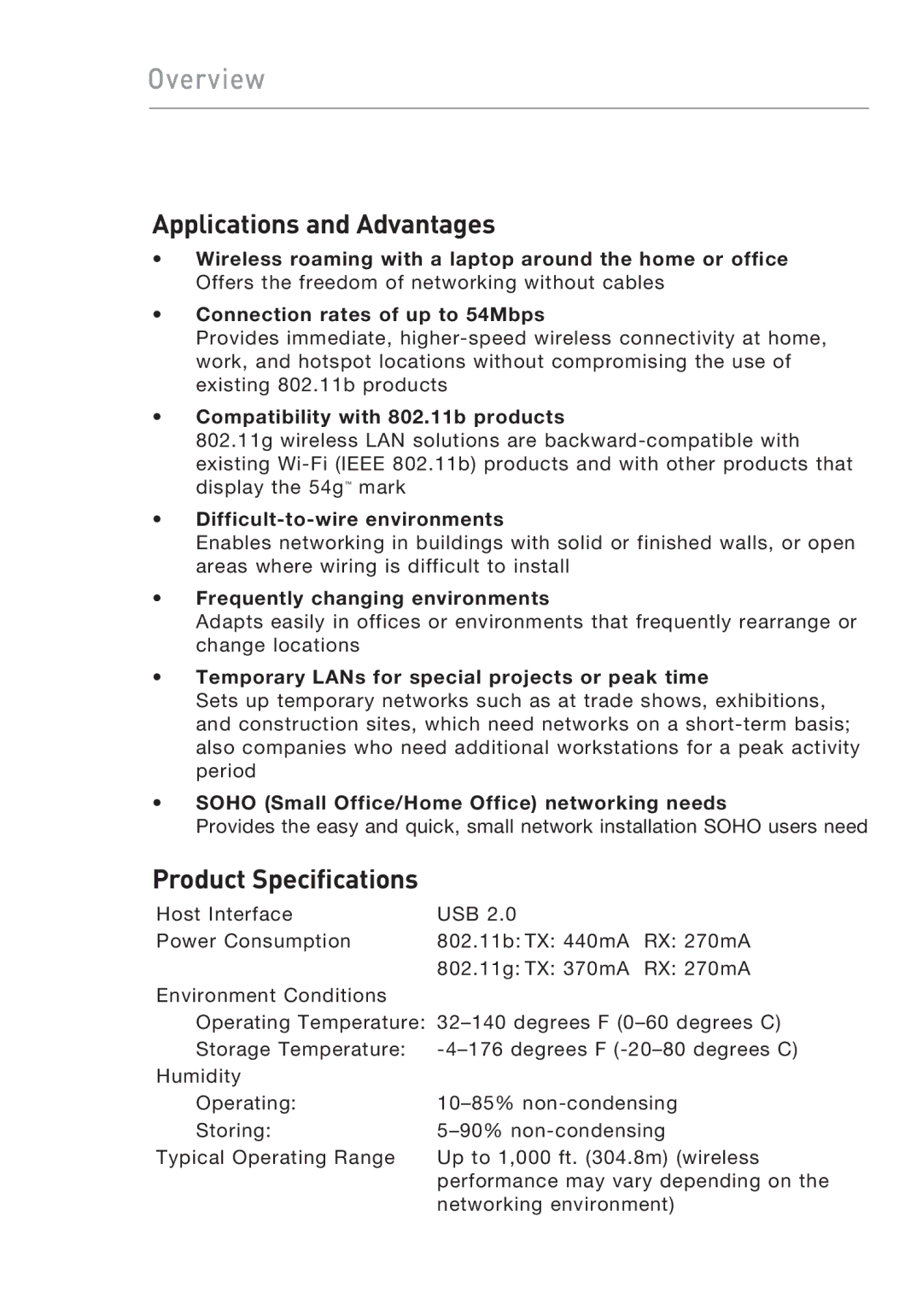 Belkin F5D9050UK user manual Overview, Applications and Advantages, Product Specifications 