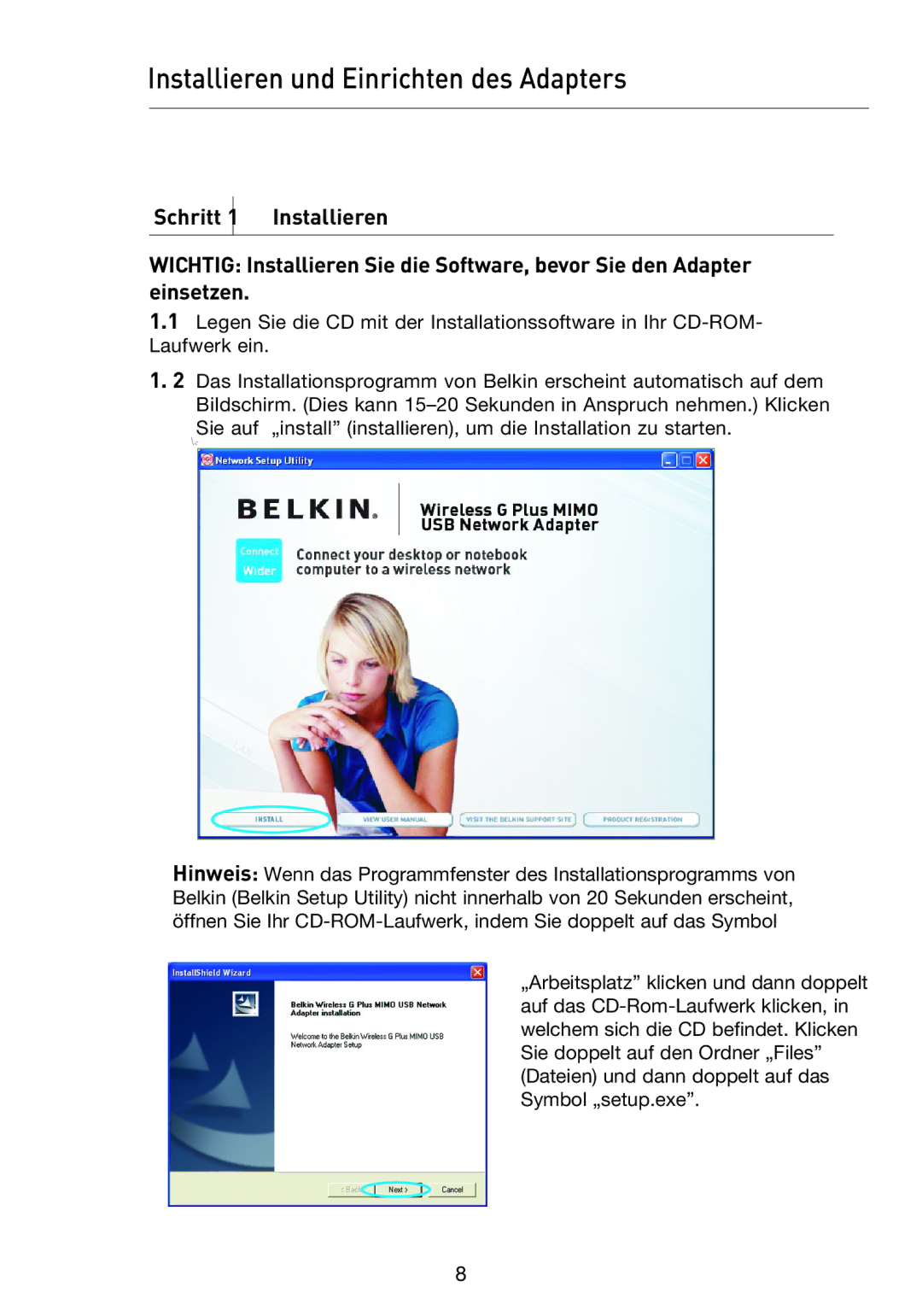 Belkin F5D9050UK user manual Installieren und Einrichten des Adapters 