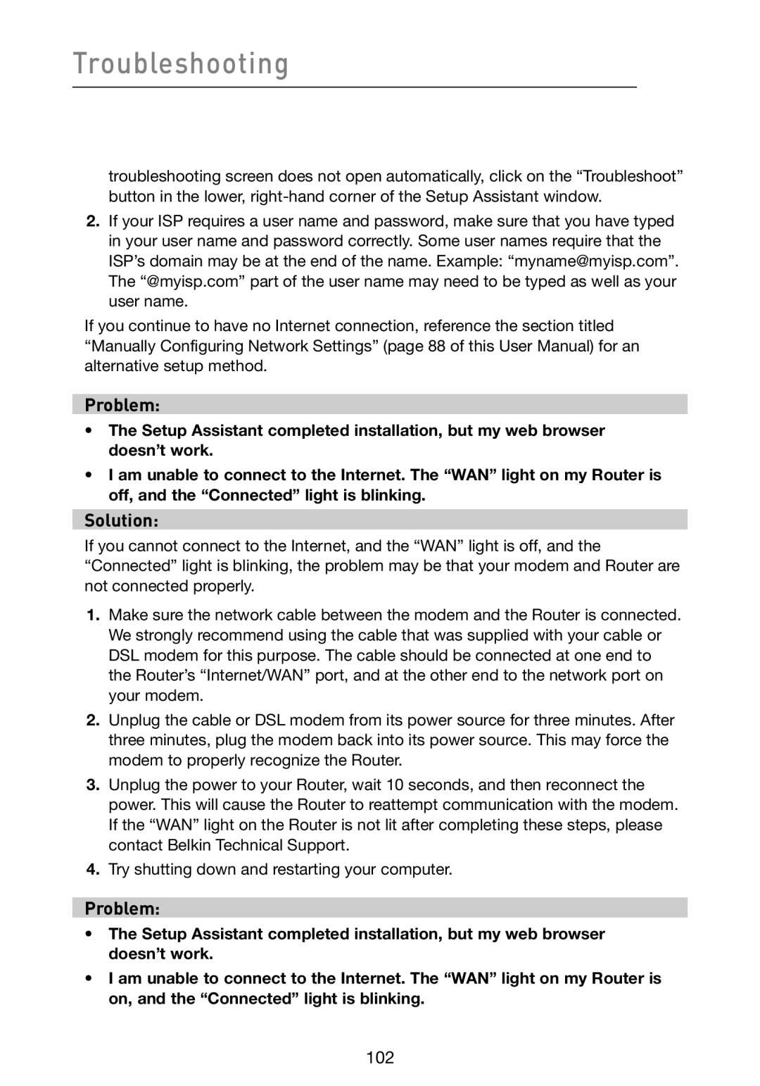 Belkin F5D9230-4 user manual Troubleshooting 