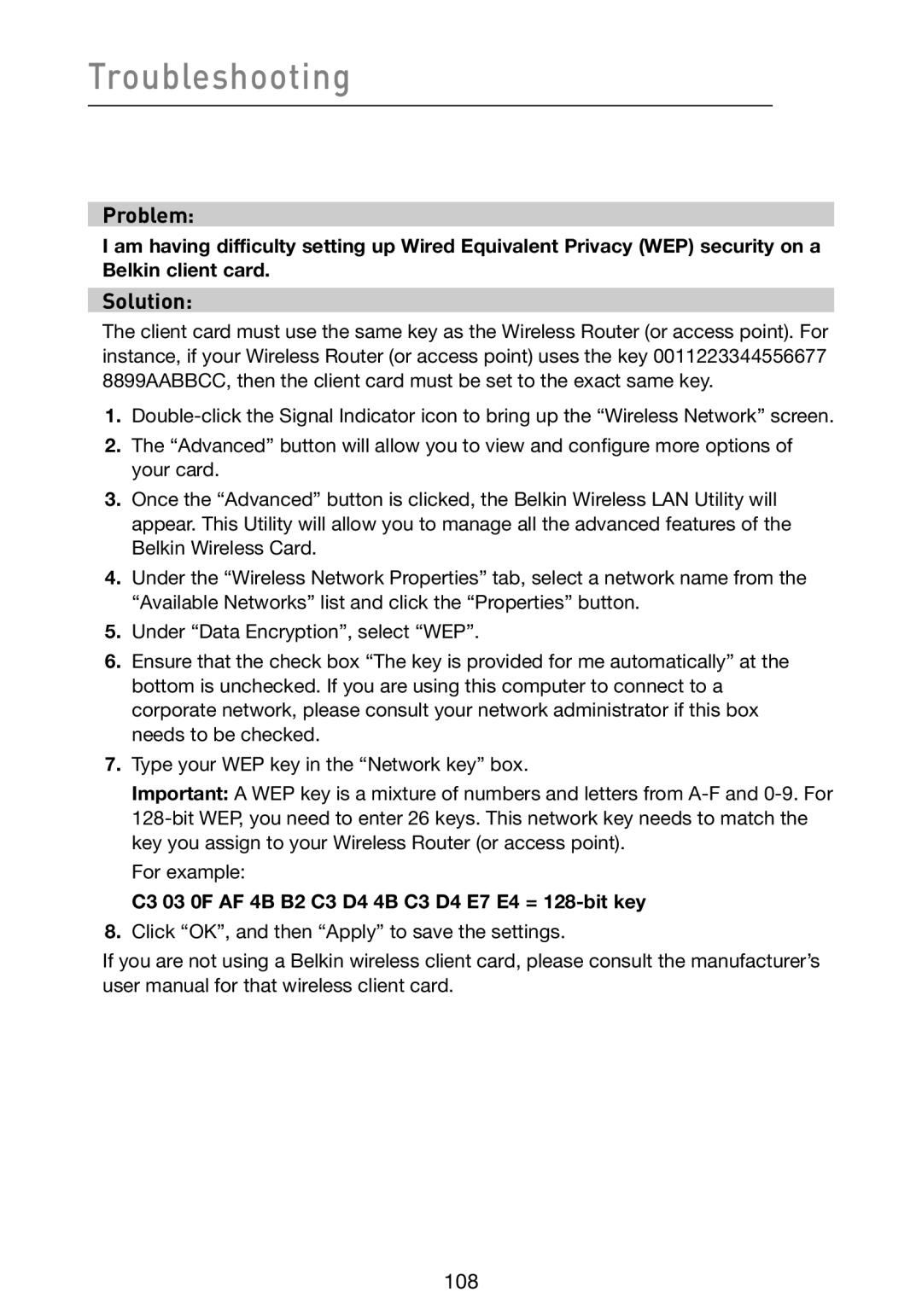 Belkin F5D9230-4 user manual Click OK, and then Apply to save the settings 108 