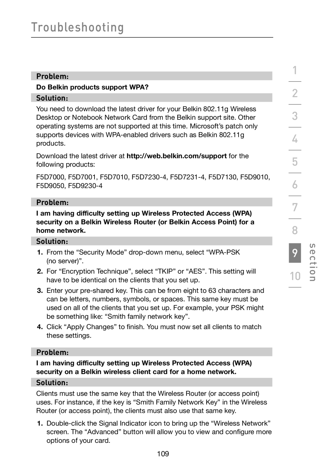 Belkin F5D9230-4 user manual Do Belkin products support WPA? 