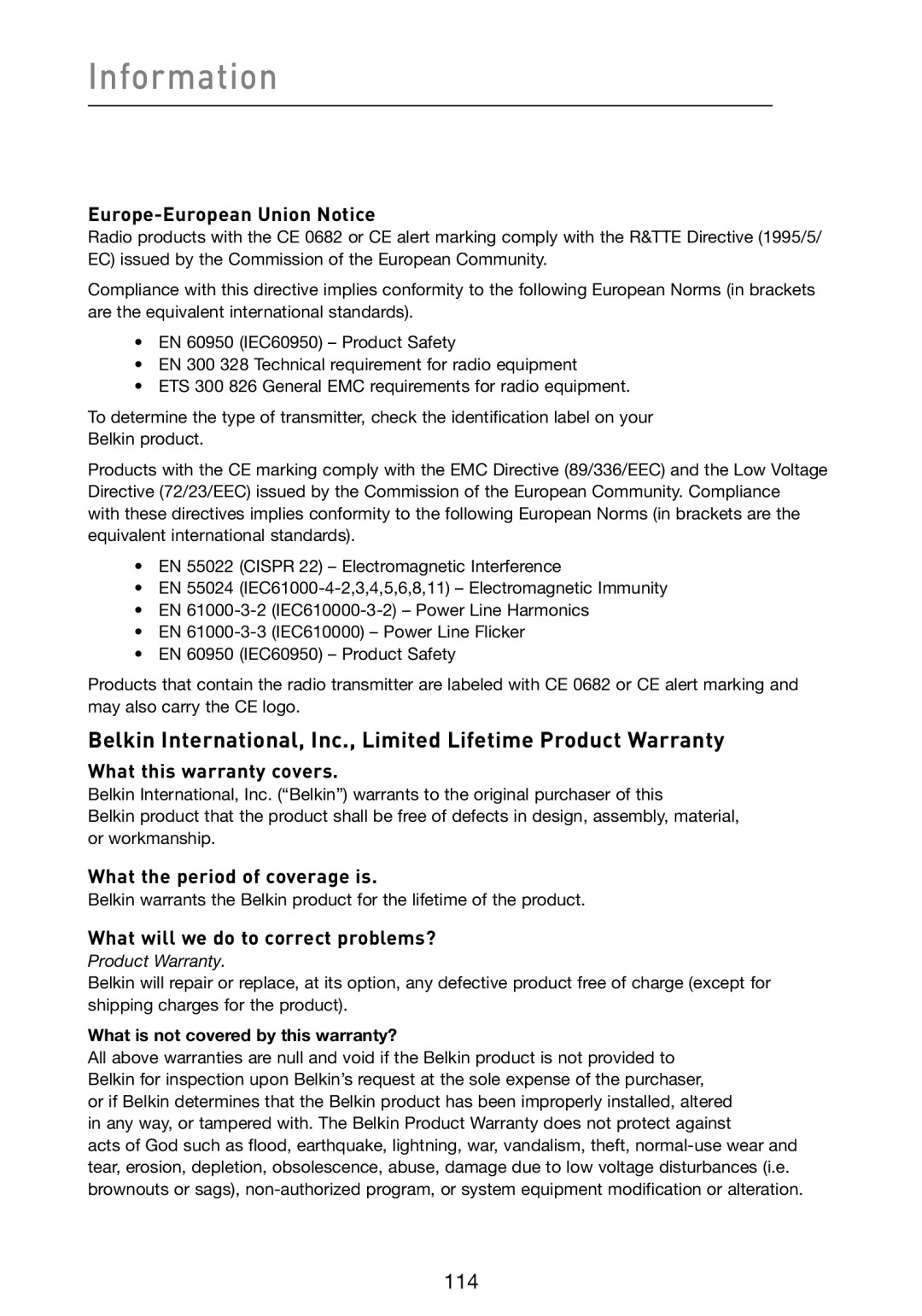 Belkin F5D9230-4 user manual Information, Europe-European Union Notice 