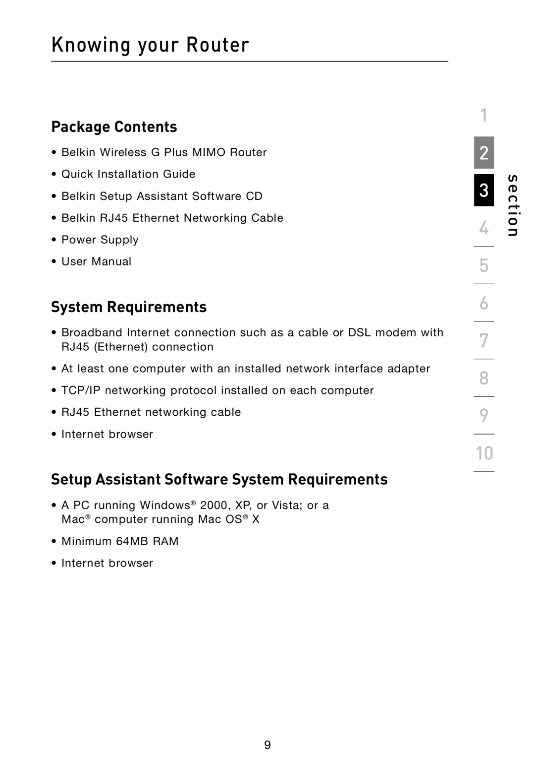 Belkin F5D9230-4 user manual Knowing your Router, Package Contents, Setup Assistant Software System Requirements 