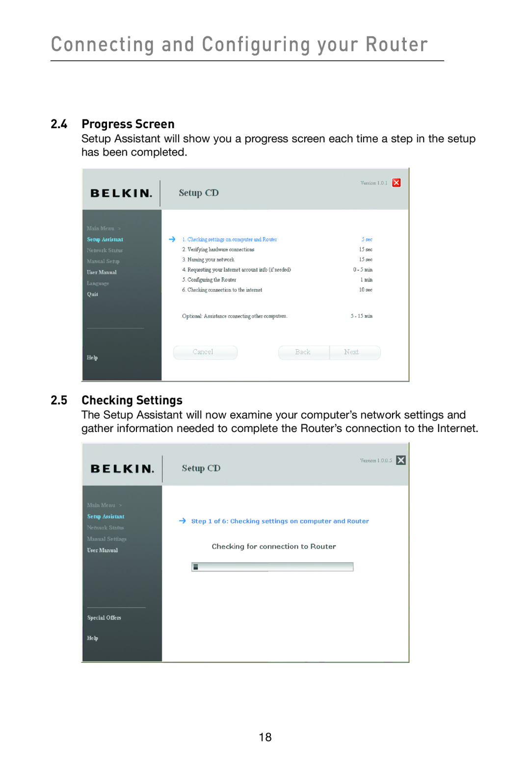 Belkin F5D9230-4 user manual Progress Screen, Checking Settings 