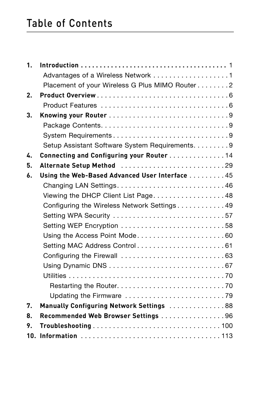 Belkin F5D9230-4 user manual Table of Contents 