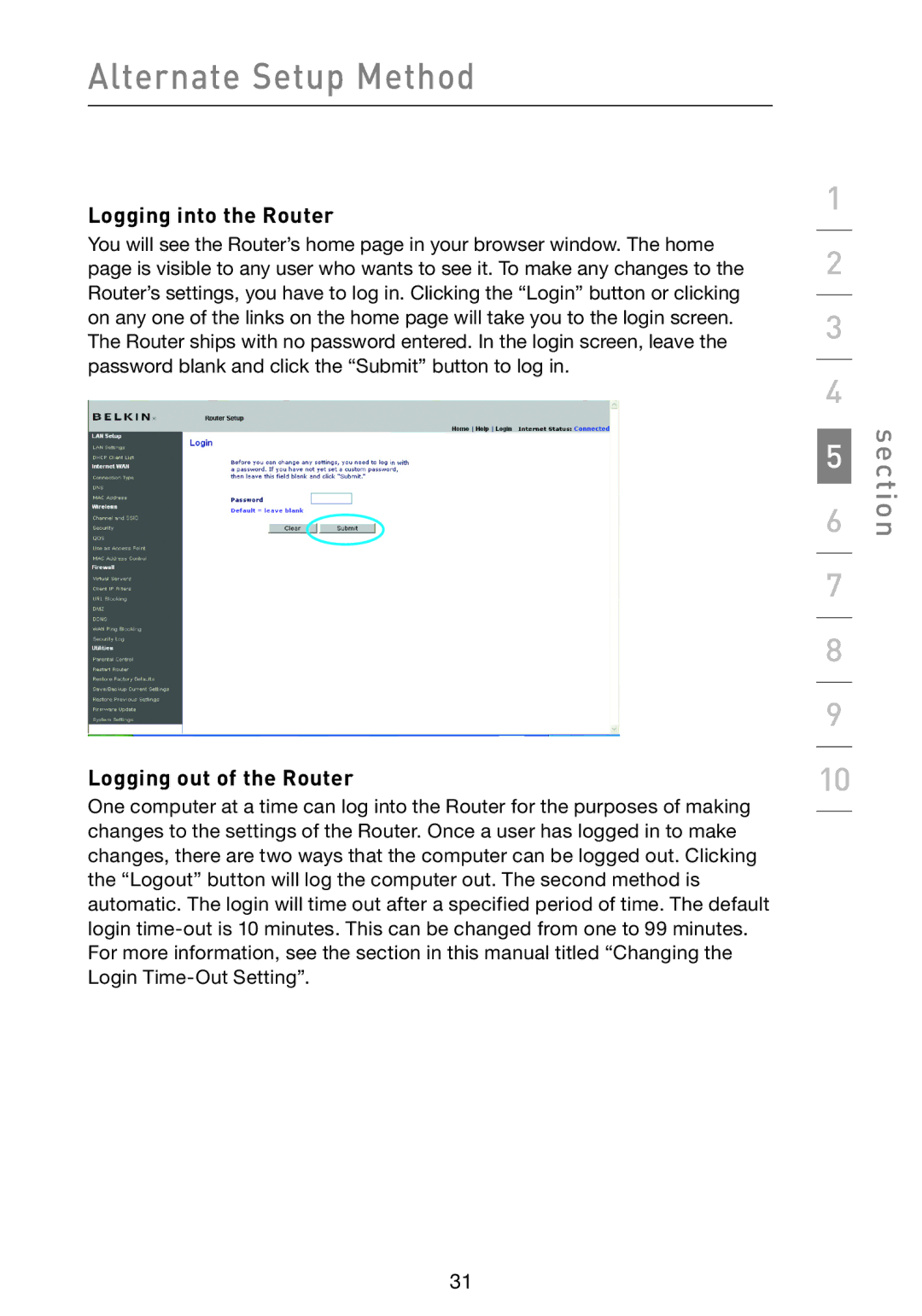 Belkin F5D9230-4 user manual Logging into the Router, Logging out of the Router 