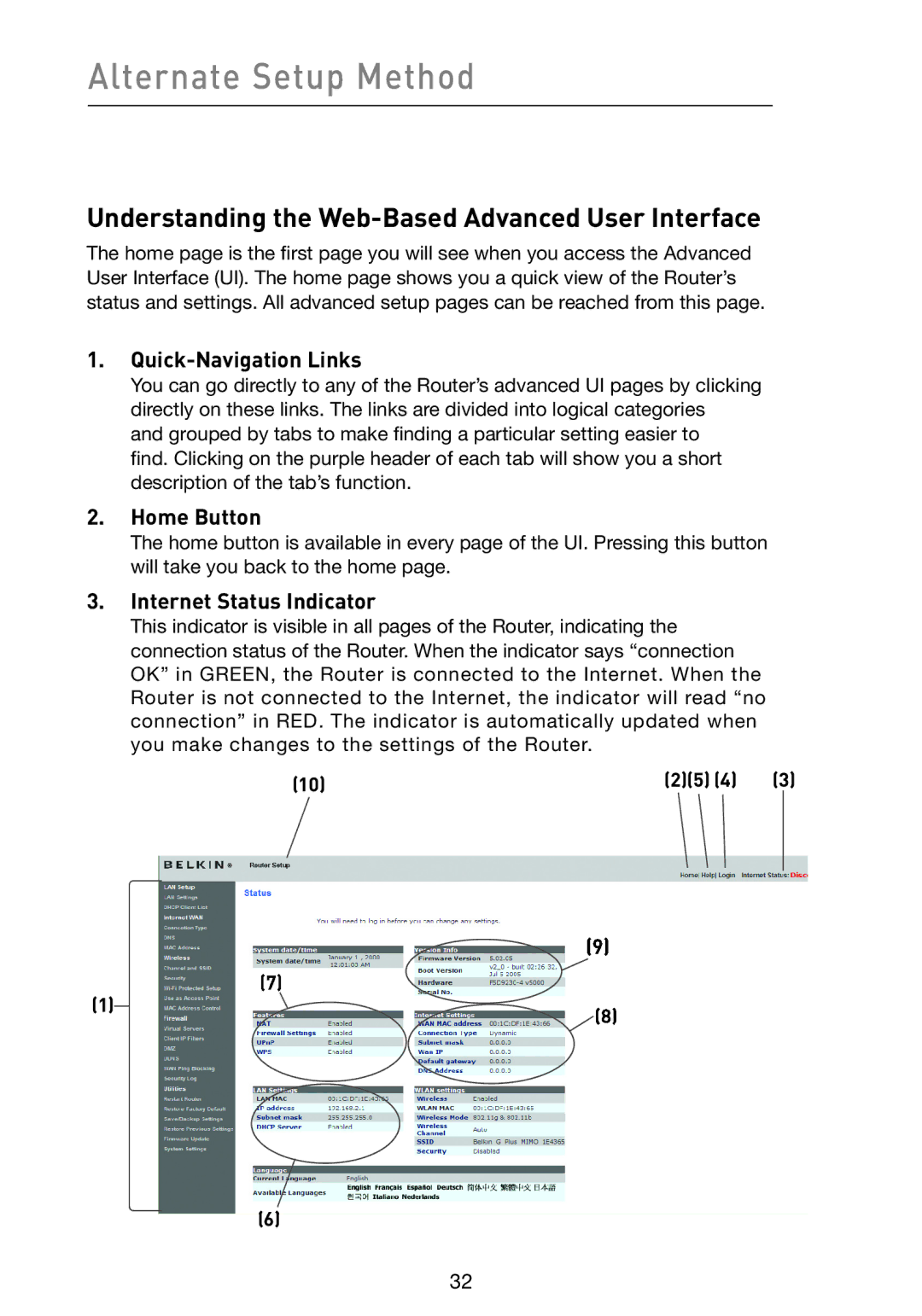 Belkin F5D9230-4 user manual Understanding the Web-Based Advanced User Interface, Quick-Navigation Links, Home Button 