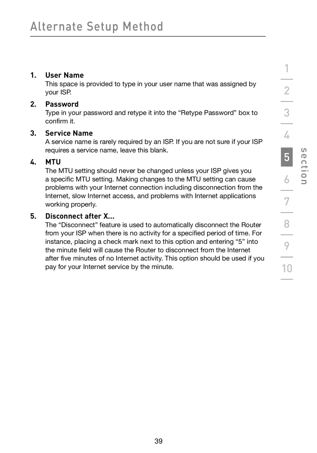 Belkin F5D9230-4 user manual User Name, Password, Service Name, Mtu, Disconnect after 