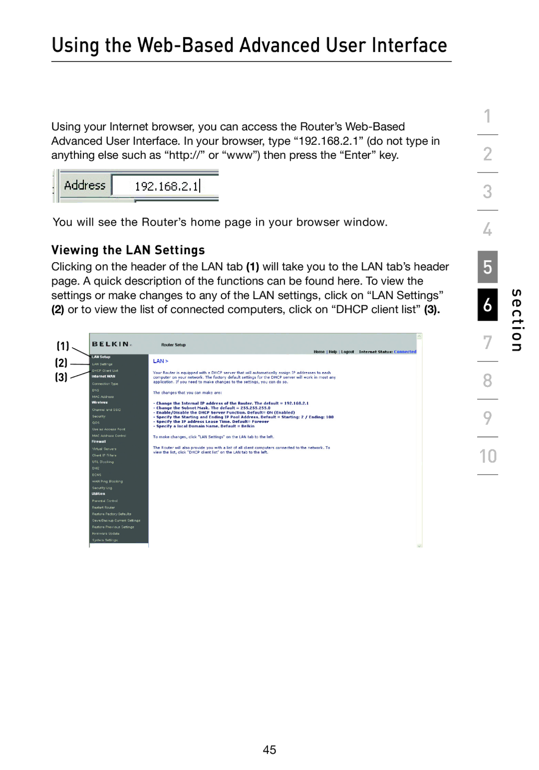 Belkin F5D9230-4 user manual Using the Web-Based Advanced User Interface, Viewing the LAN Settings 