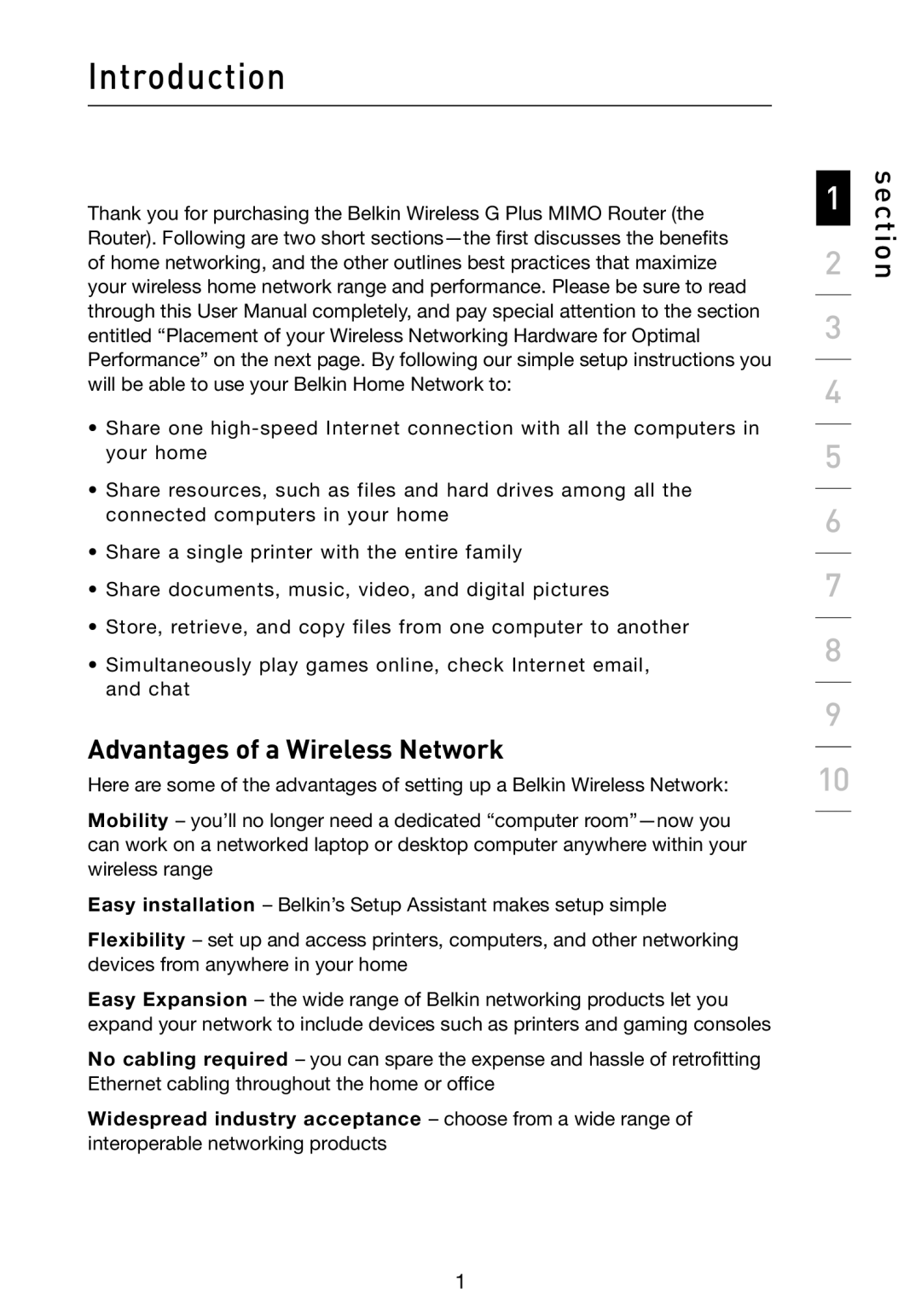 Belkin F5D9230-4 user manual Introduction, Advantages of a Wireless Network 