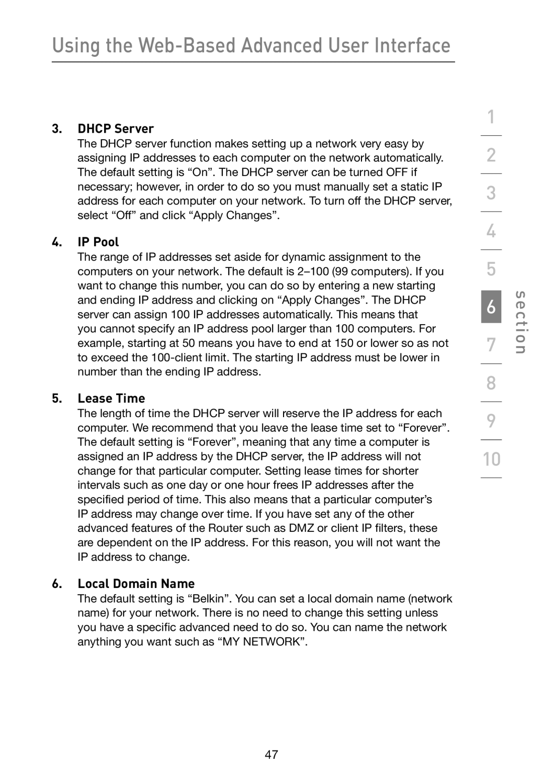Belkin F5D9230-4 user manual Dhcp Server, IP Pool, Lease Time, Local Domain Name 