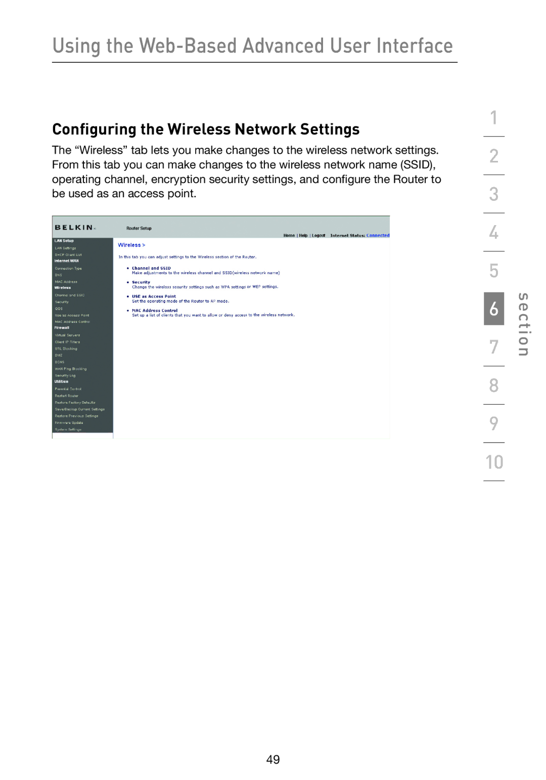 Belkin F5D9230-4 user manual Configuring the Wireless Network Settings 