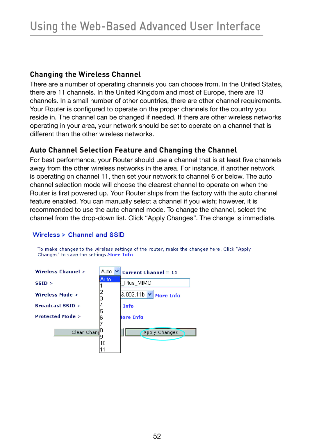 Belkin F5D9230-4 user manual Changing the Wireless Channel, Auto Channel Selection Feature and Changing the Channel 