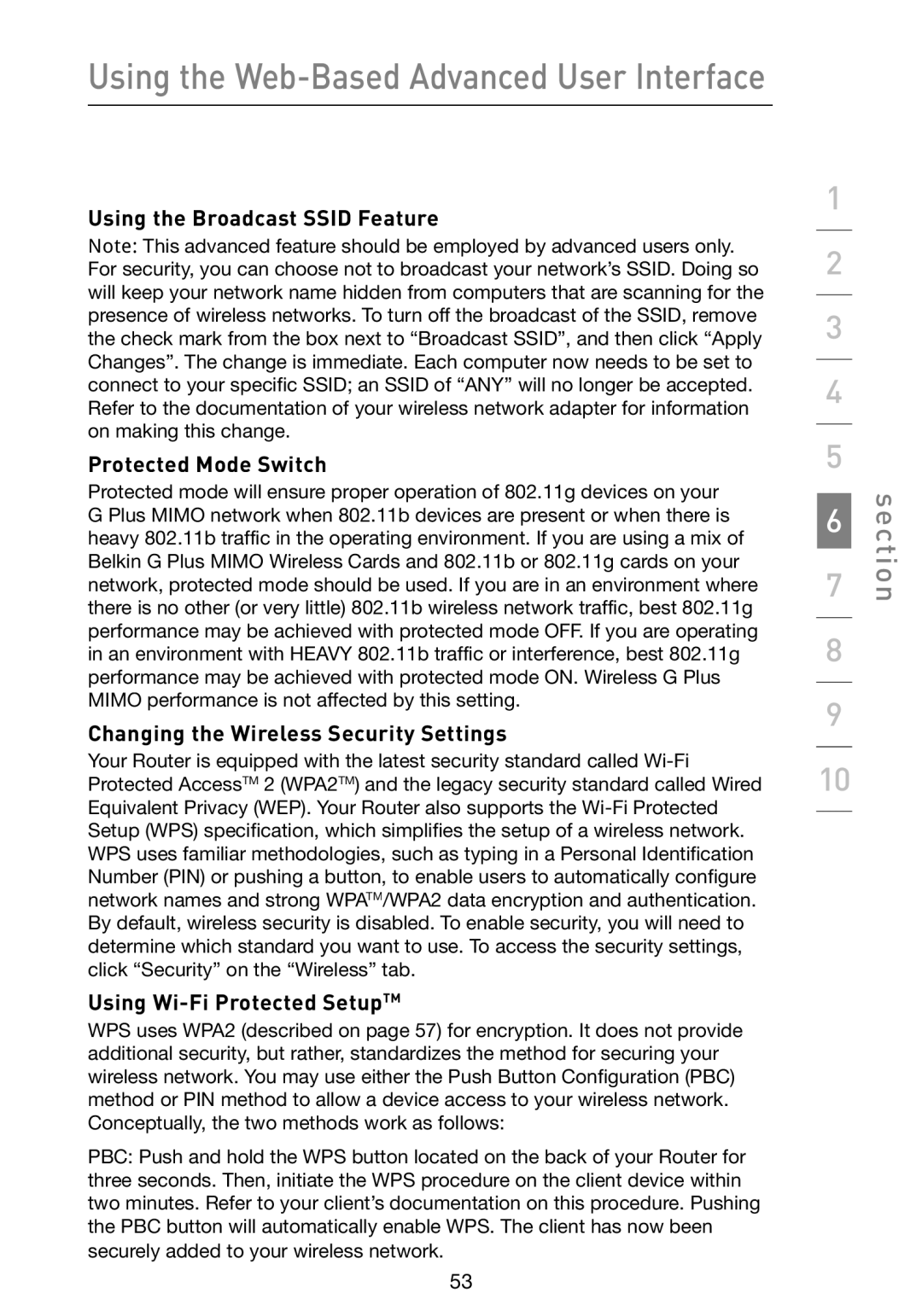 Belkin F5D9230-4 Using the Broadcast Ssid Feature Protected Mode Switch, Changing the Wireless Security Settings 