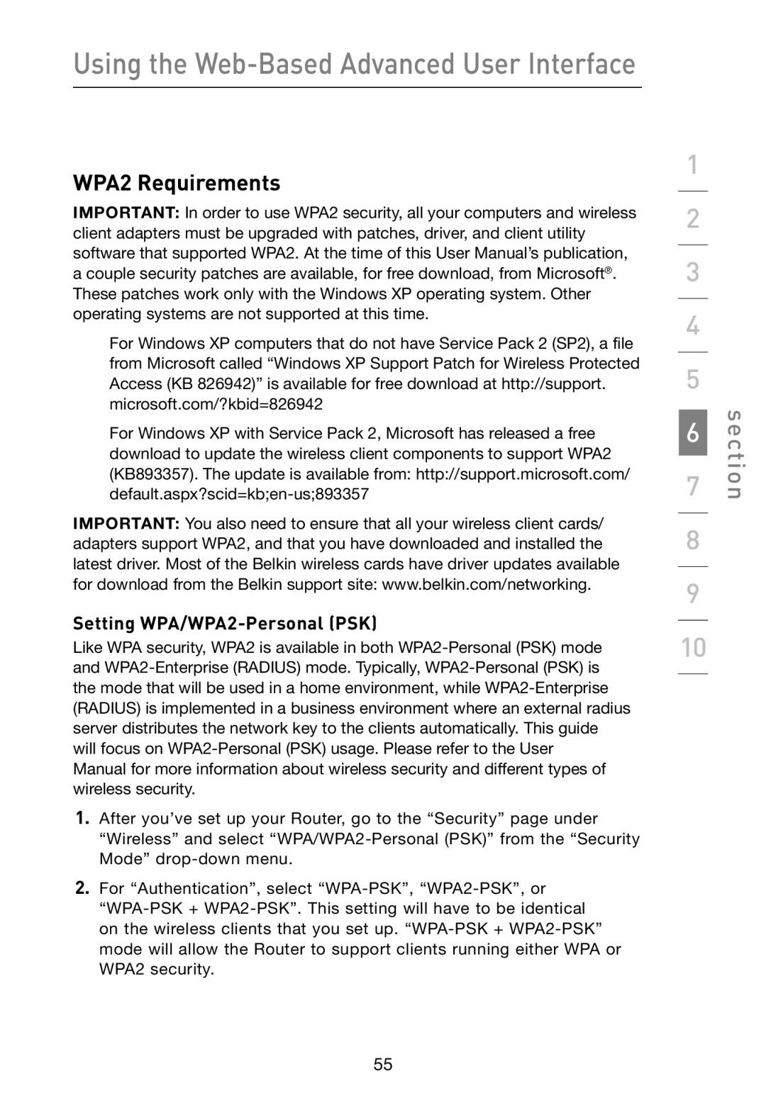 Belkin F5D9230-4 user manual WPA2 Requirements, Setting WPA/WPA2-Personal PSK 