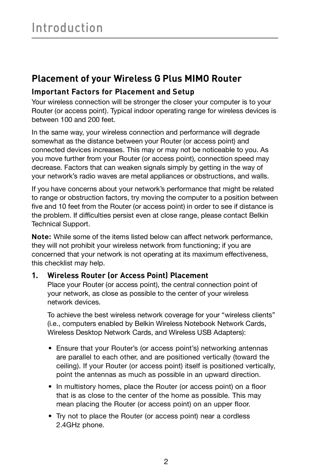 Belkin F5D9230-4 Introduction, Placement of your Wireless G Plus Mimo Router, Important Factors for Placement and Setup 