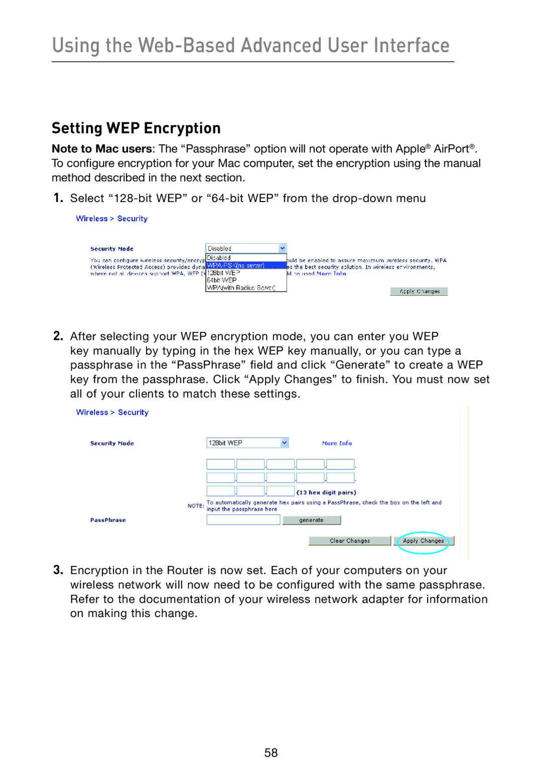 Belkin F5D9230-4 user manual Setting WEP Encryption 