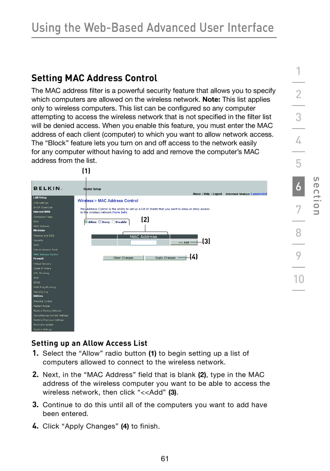 Belkin F5D9230-4 user manual Setting MAC Address Control, Setting up an Allow Access List 