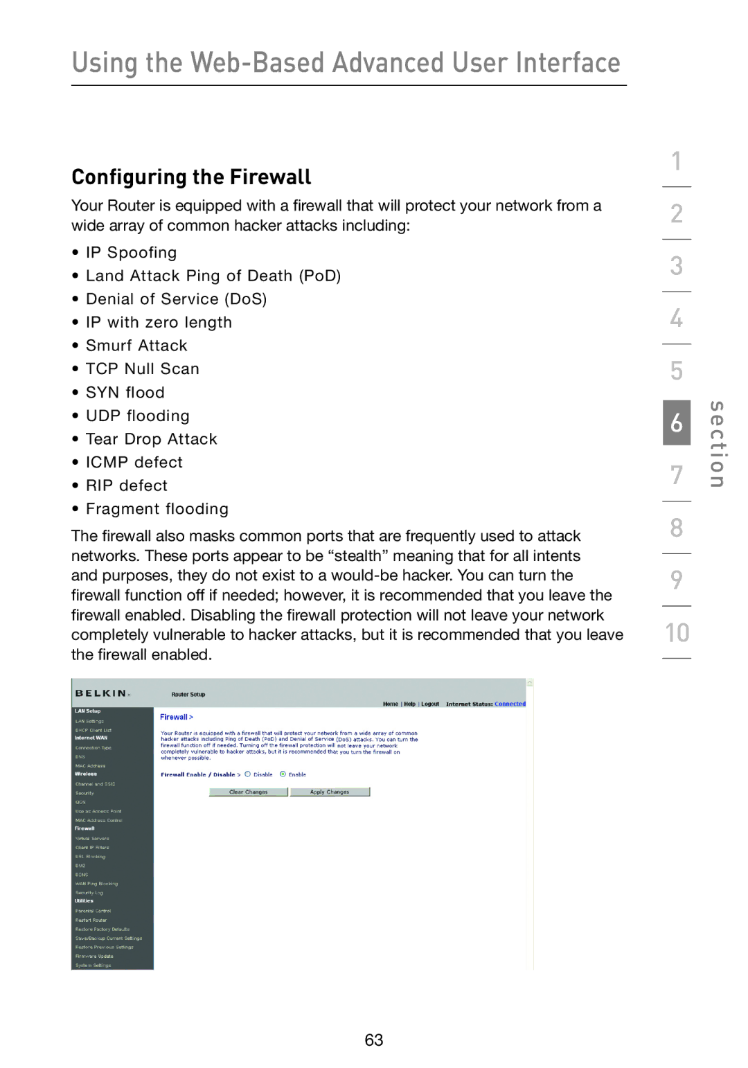 Belkin F5D9230-4 user manual Configuring the Firewall 