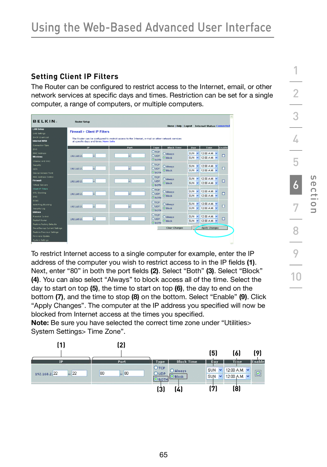 Belkin F5D9230-4 user manual Setting Client IP Filters 