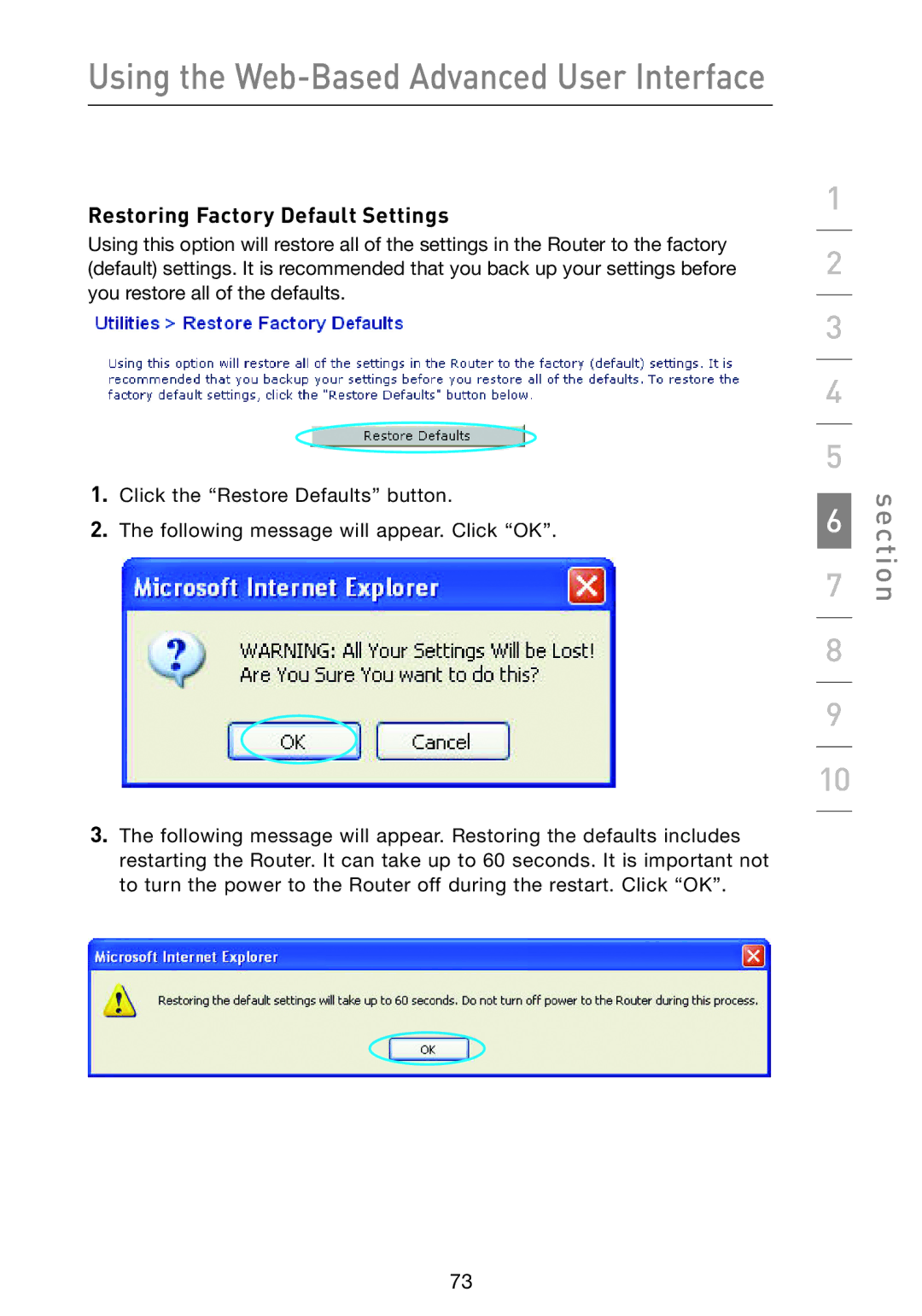 Belkin F5D9230-4 user manual Restoring Factory Default Settings 