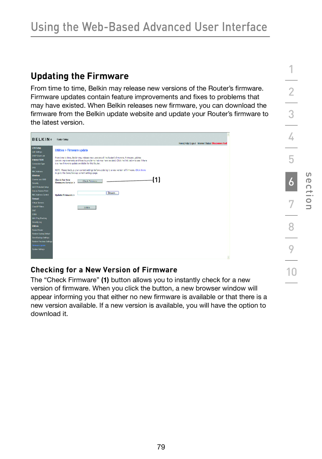 Belkin F5D9230-4 user manual Updating the Firmware, Checking for a New Version of Firmware 