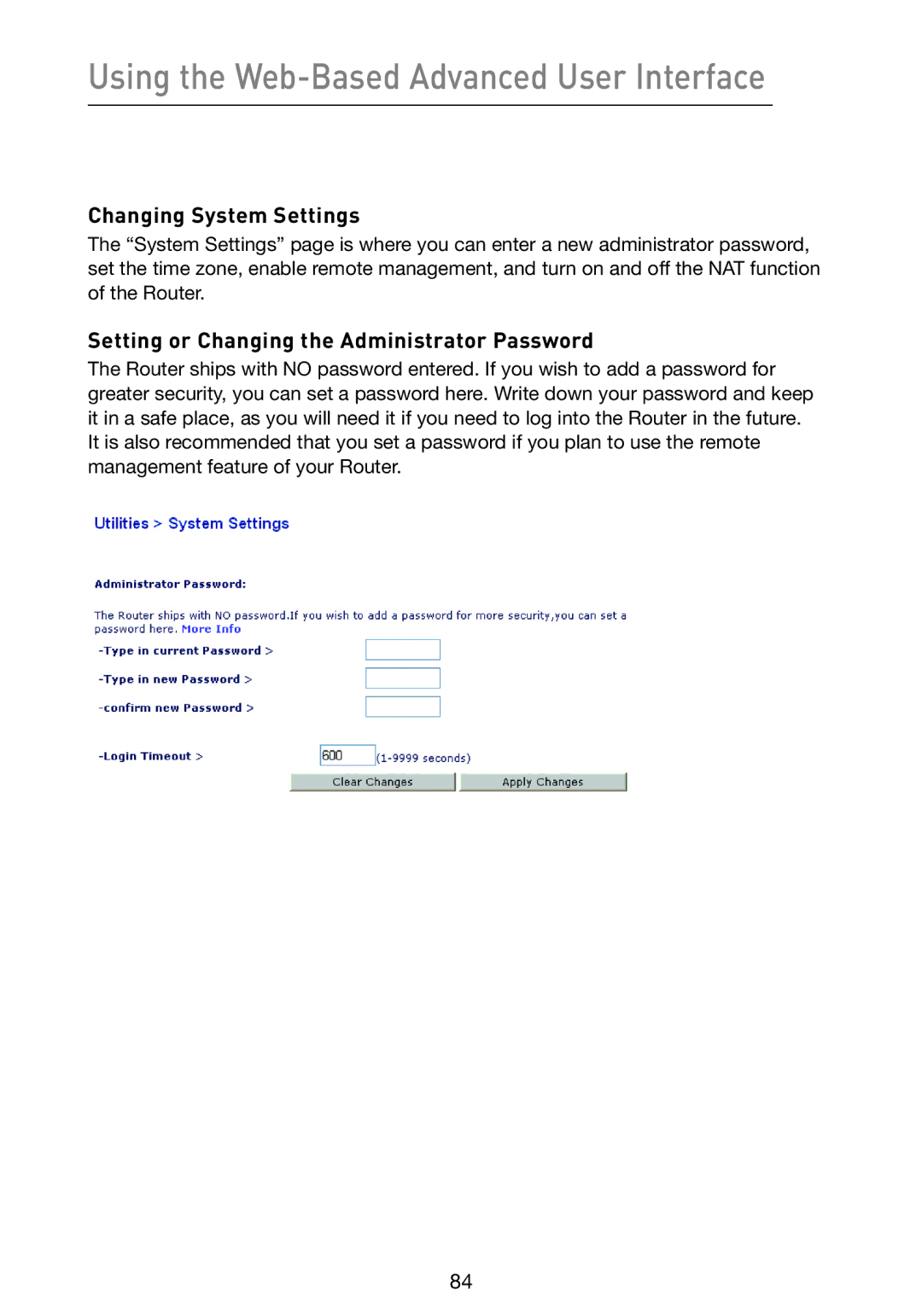 Belkin F5D9230-4 user manual Changing System Settings, Setting or Changing the Administrator Password 