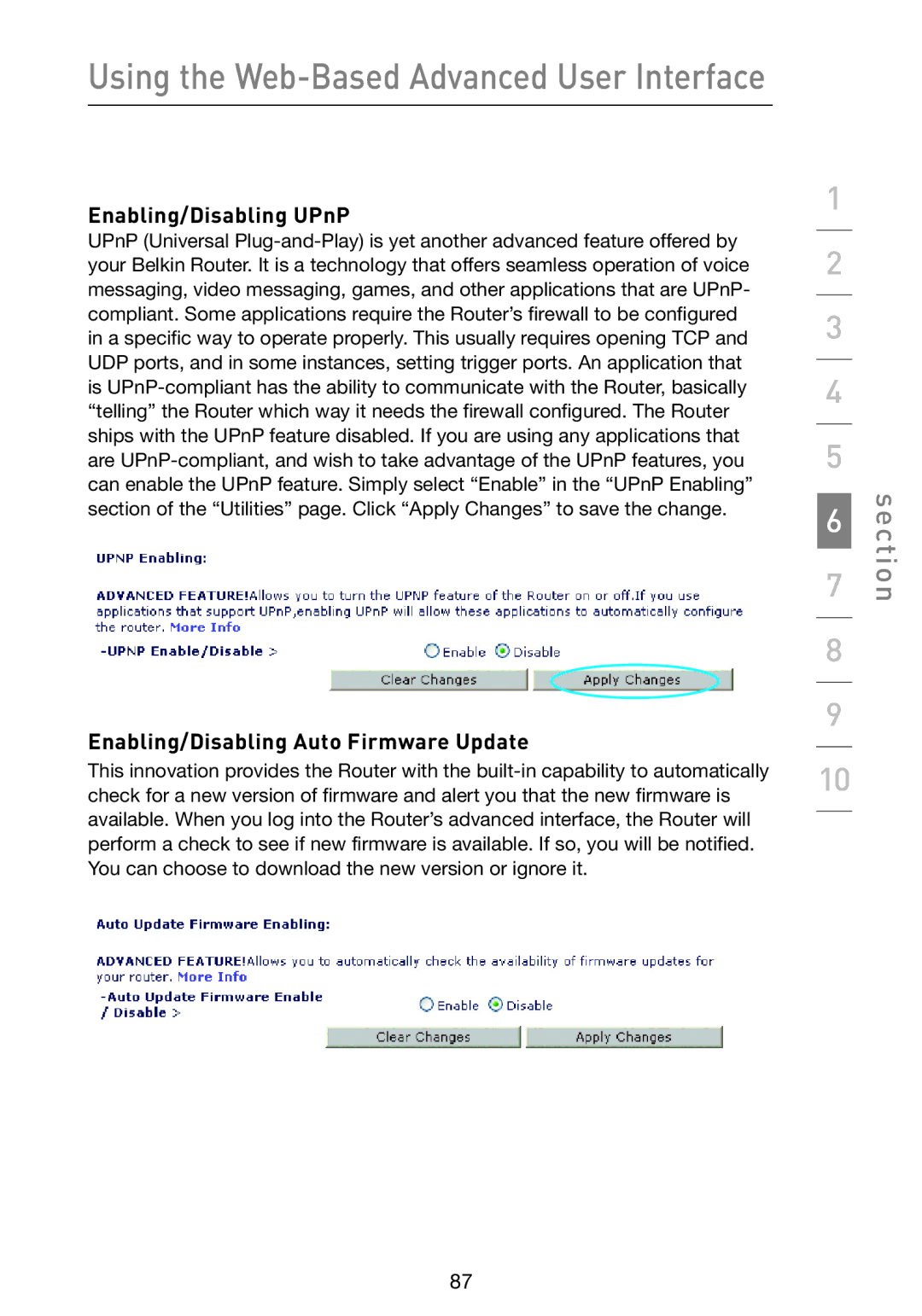 Belkin F5D9230-4 user manual Enabling/Disabling UPnP, Enabling/Disabling Auto Firmware Update 