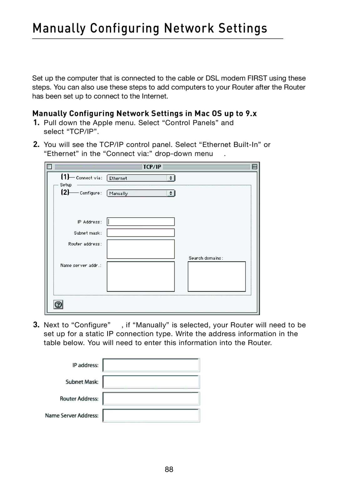 Belkin F5D9230-4 user manual Manually Configuring Network Settings in Mac OS up to 