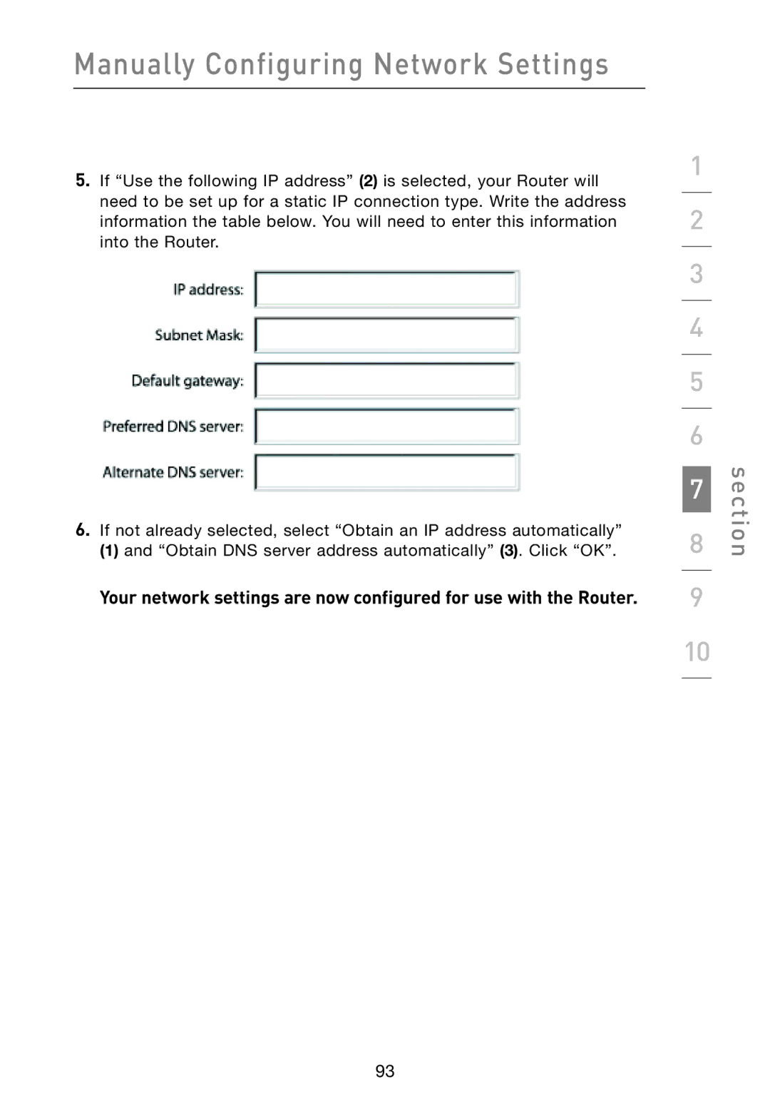 Belkin F5D9230-4 user manual Manually Configuring Network Settings 