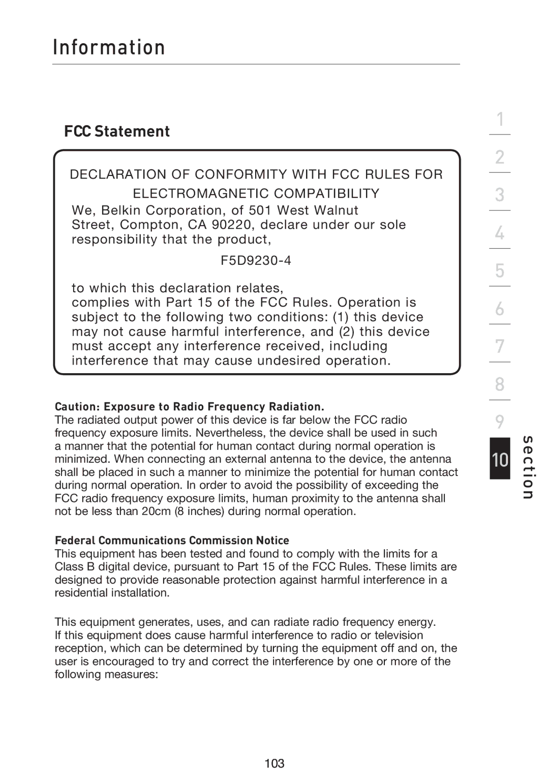 Belkin F5D9230UK4 user manual Information, FCC Statement, Federal Communications Commission Notice 