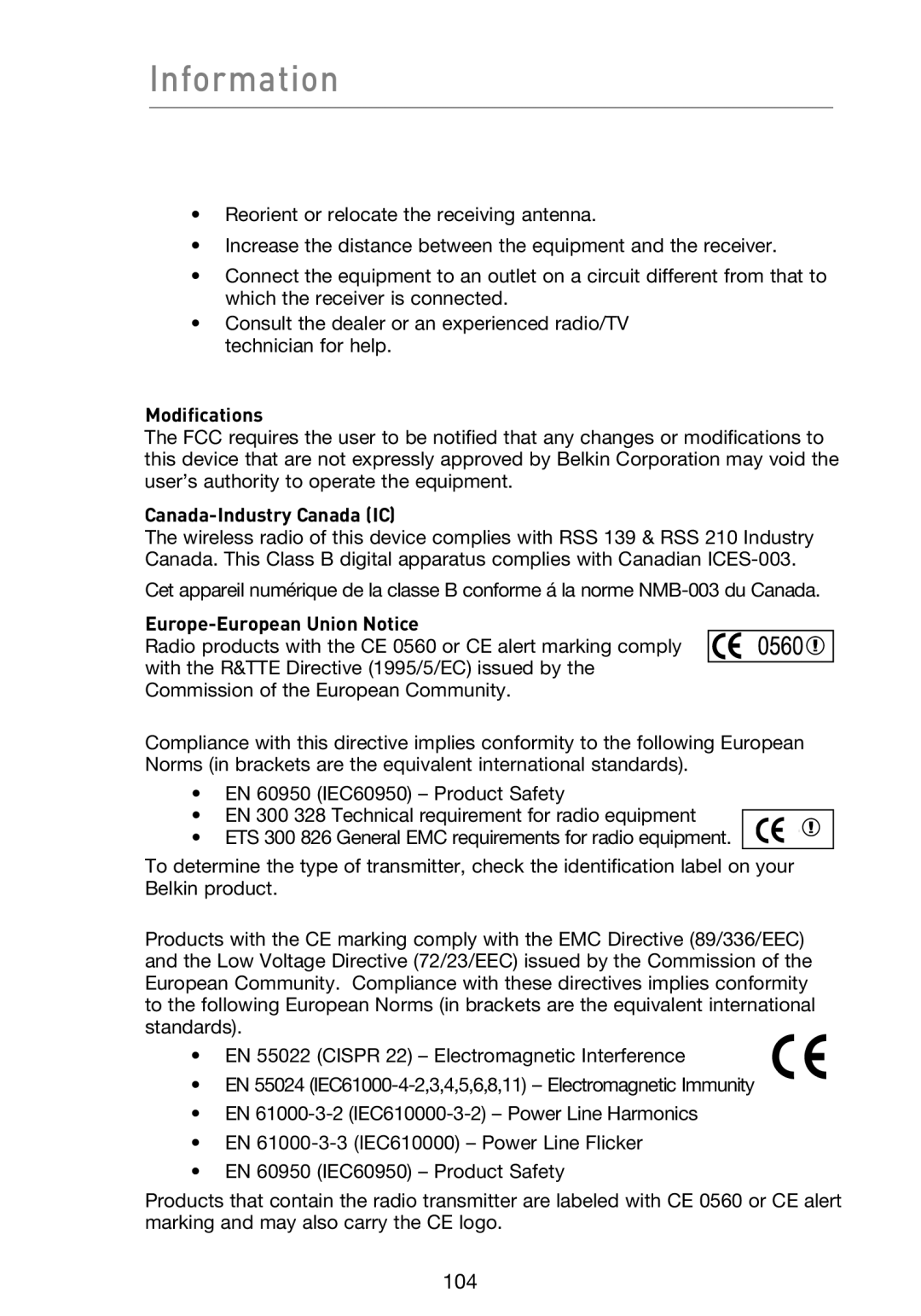 Belkin F5D9230UK4 user manual Information, Modifications, Canada-Industry Canada IC, Europe-European Union Notice 