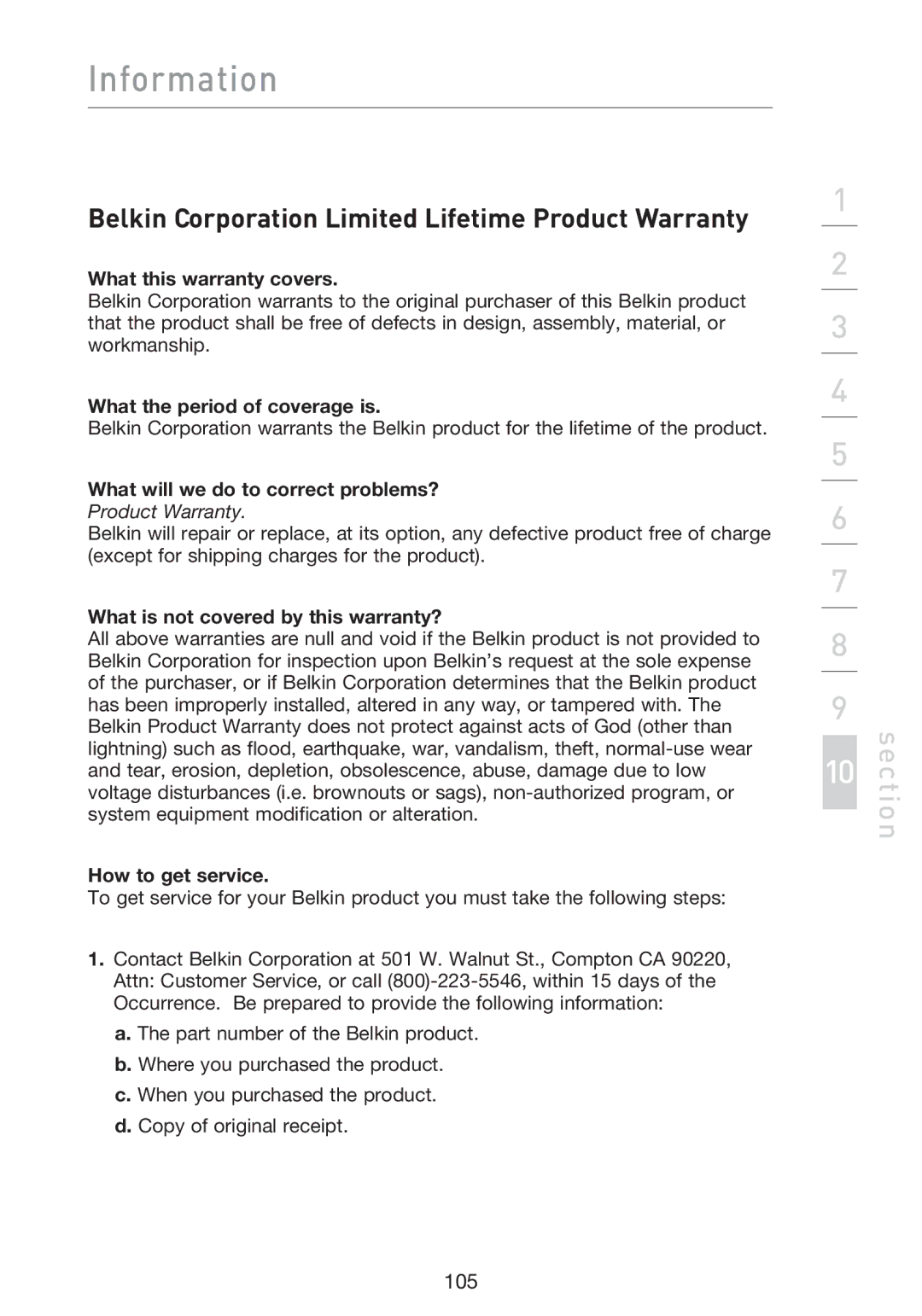 Belkin F5D9230UK4 user manual Belkin Corporation Limited Lifetime Product Warranty 