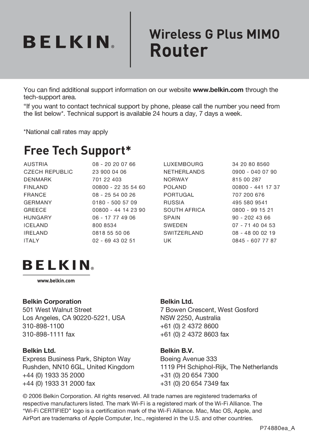 Belkin F5D9230UK4 user manual Belkin Corporation, Belkin B.V 