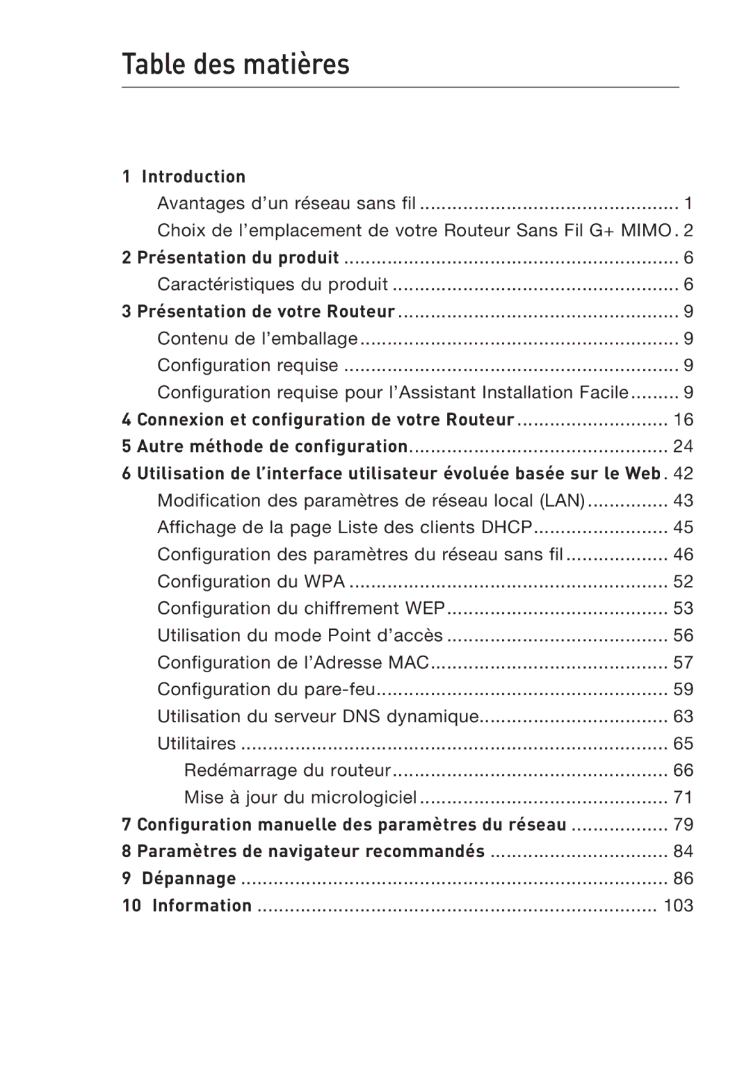 Belkin F5D9230UK4 user manual Table des matières, Connexion et configuration de votre Routeur 