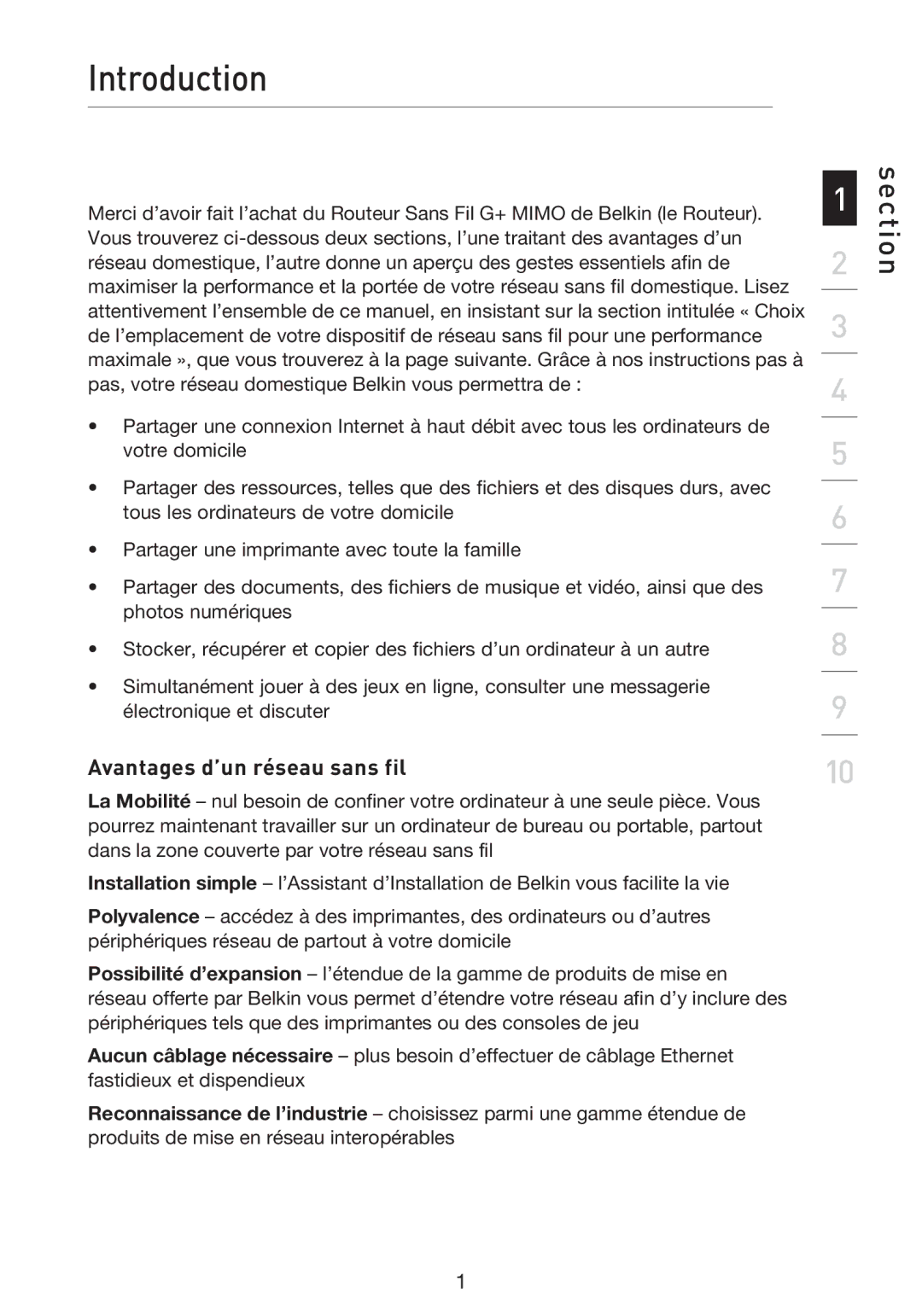 Belkin F5D9230UK4 user manual Introduction, Avantages d’un réseau sans fil 