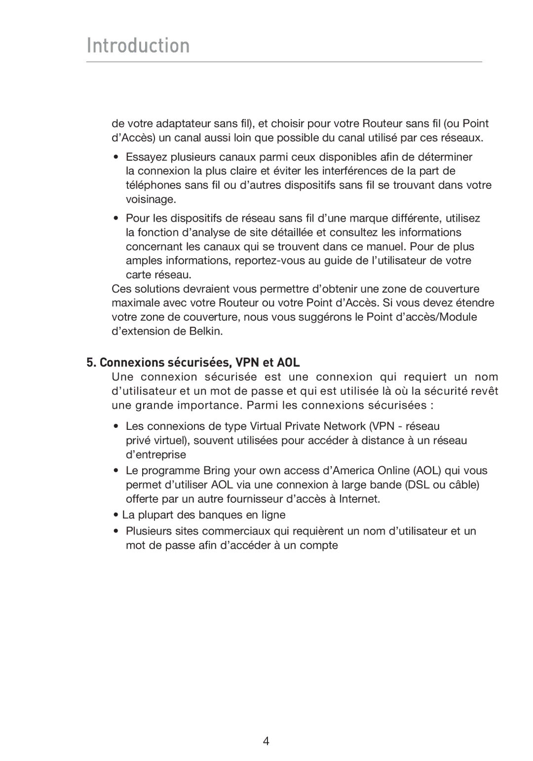 Belkin F5D9230UK4 user manual Connexions sécurisées, VPN et AOL 