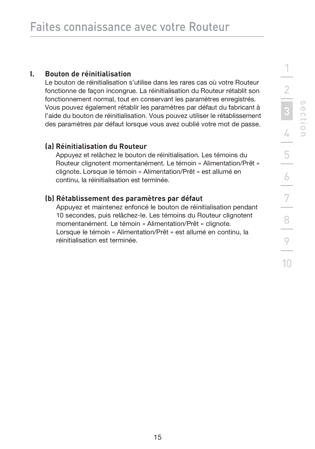 Belkin F5D9230UK4 Bouton de réinitialisation, Réinitialisation du Routeur, Rétablissement des paramètres par défaut 