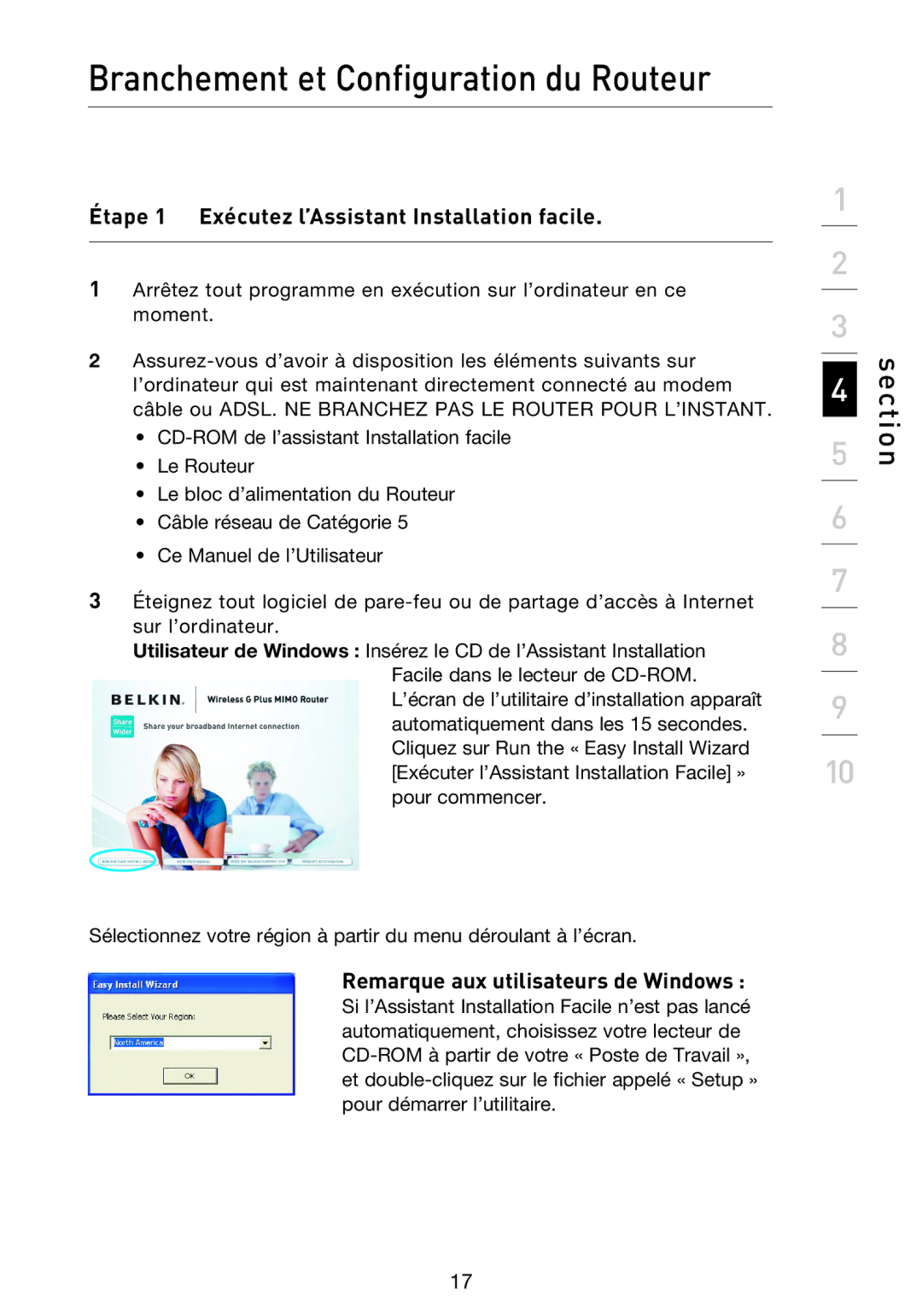 Belkin F5D9230UK4 user manual Étape 1 Exécutez l’Assistant Installation facile, Remarque aux utilisateurs de Windows 