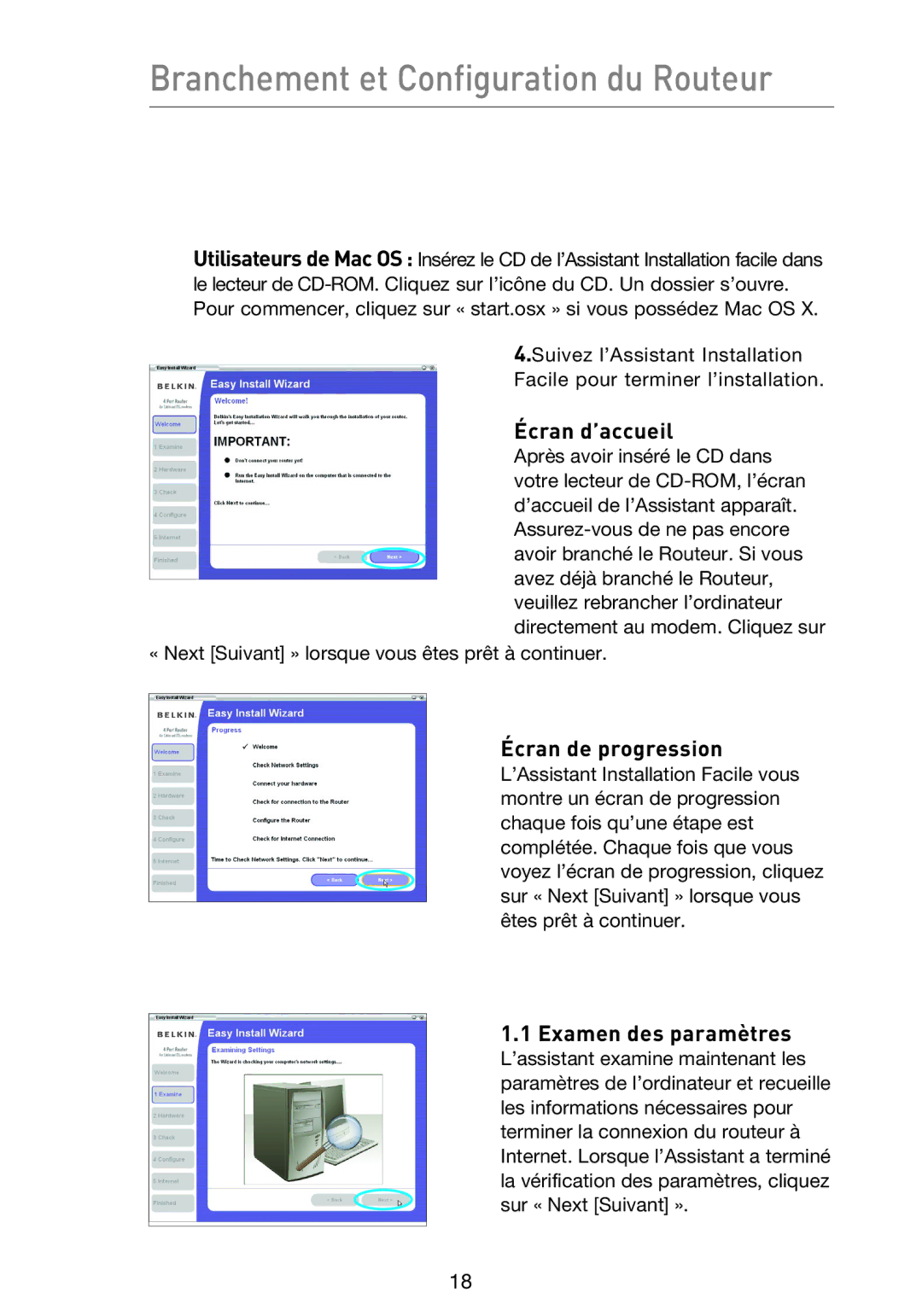 Belkin F5D9230UK4 Branchement et Configuration du Routeur, Écran d’accueil, Écran de progression, Examen des paramètres 