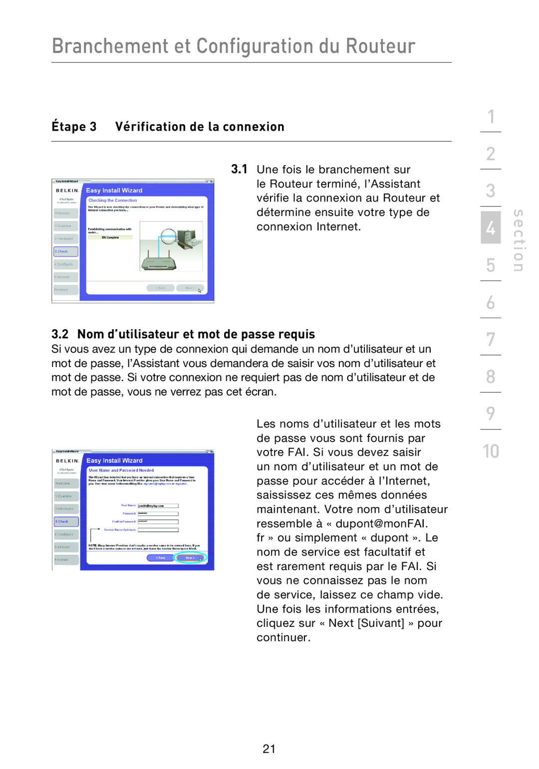 Belkin F5D9230UK4 user manual Étape 3 Vérification de la connexion, Nom d’utilisateur et mot de passe requis 