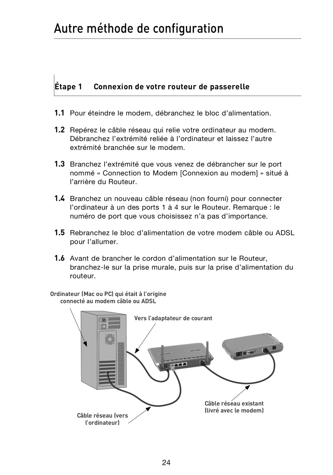 Belkin F5D9230UK4 user manual Autre méthode de configuration, Étape 1 Connexion de votre routeur de passerelle 