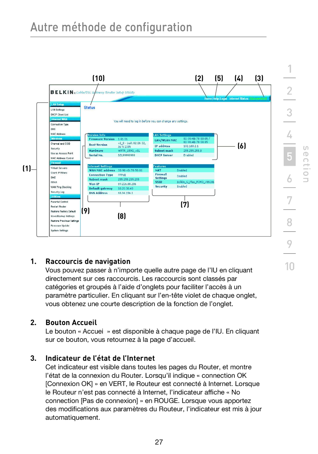 Belkin F5D9230UK4 user manual Raccourcis de navigation, Bouton Accueil, Indicateur de l’état de l’Internet 