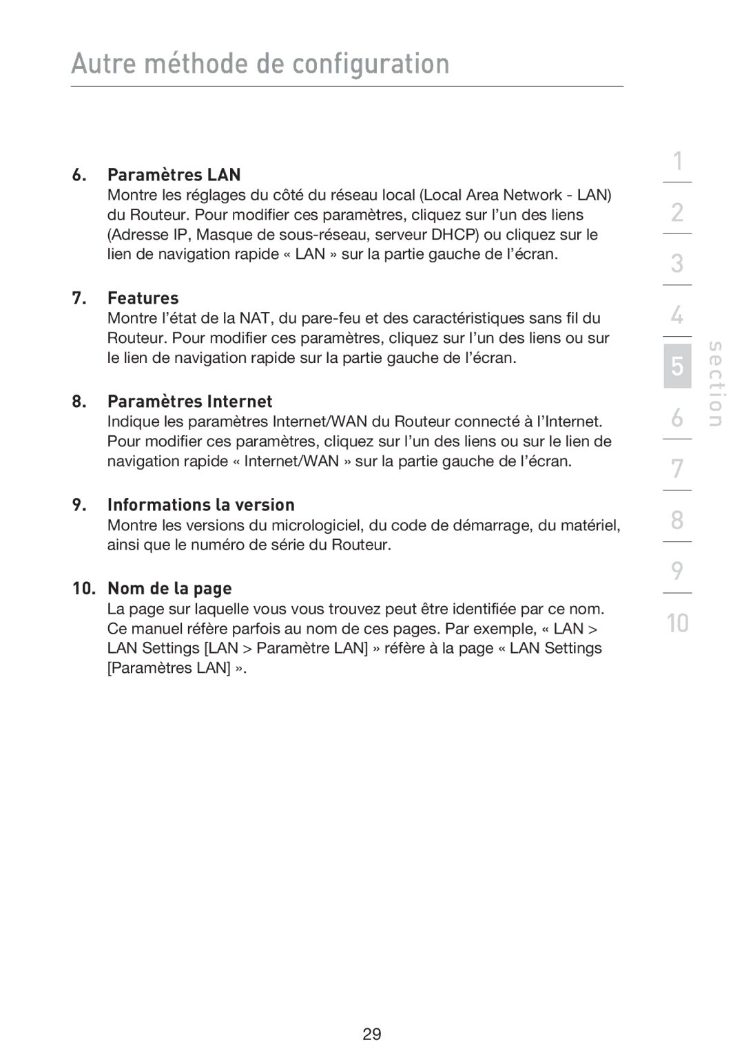 Belkin F5D9230UK4 user manual Paramètres LAN, Paramètres Internet, Informations la version, Nom de la 