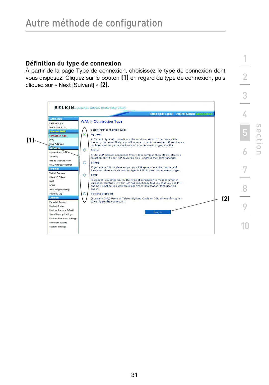 Belkin F5D9230UK4 user manual Définition du type de connexion 