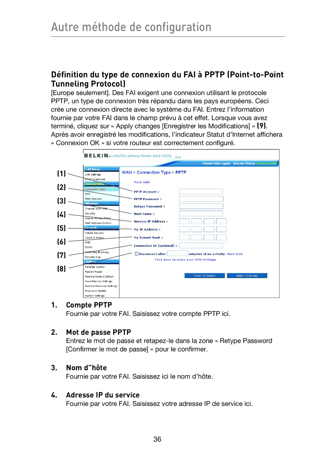 Belkin F5D9230UK4 user manual Compte Pptp, Mot de passe Pptp, Adresse IP du service 