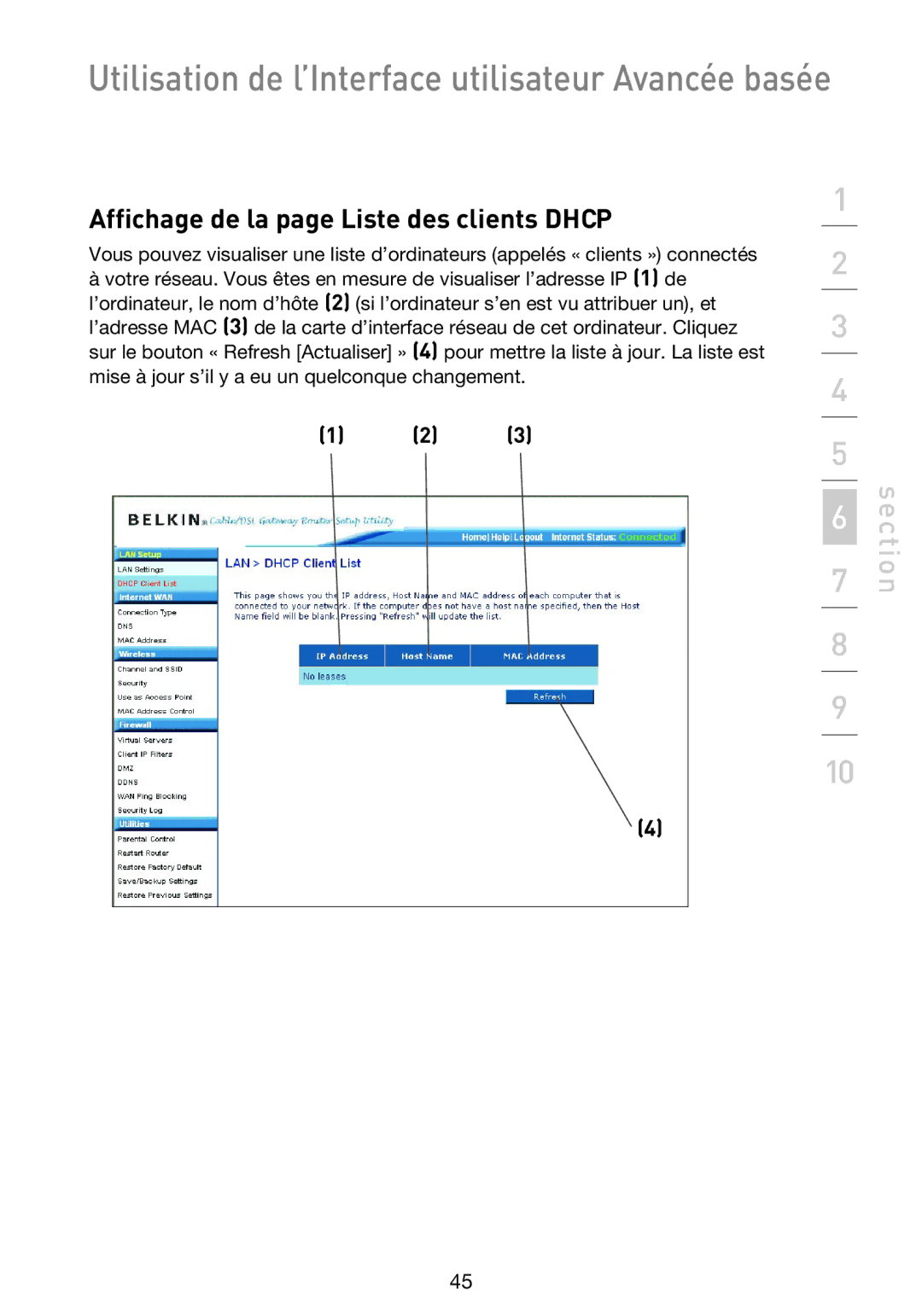 Belkin F5D9230UK4 user manual Affichage de la page Liste des clients Dhcp 