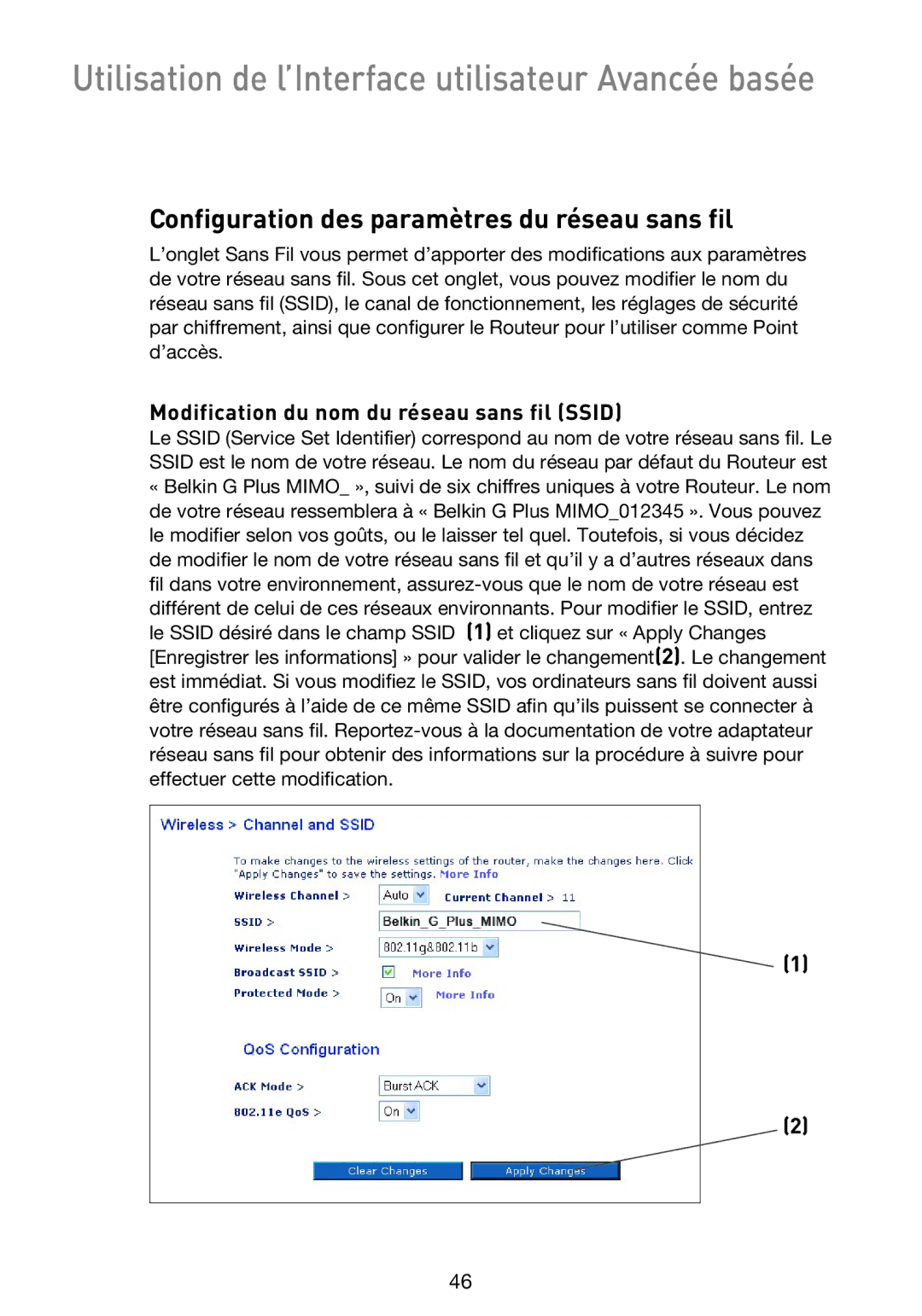 Belkin F5D9230UK4 user manual Configuration des paramètres du réseau sans fil, Modification du nom du réseau sans fil Ssid 