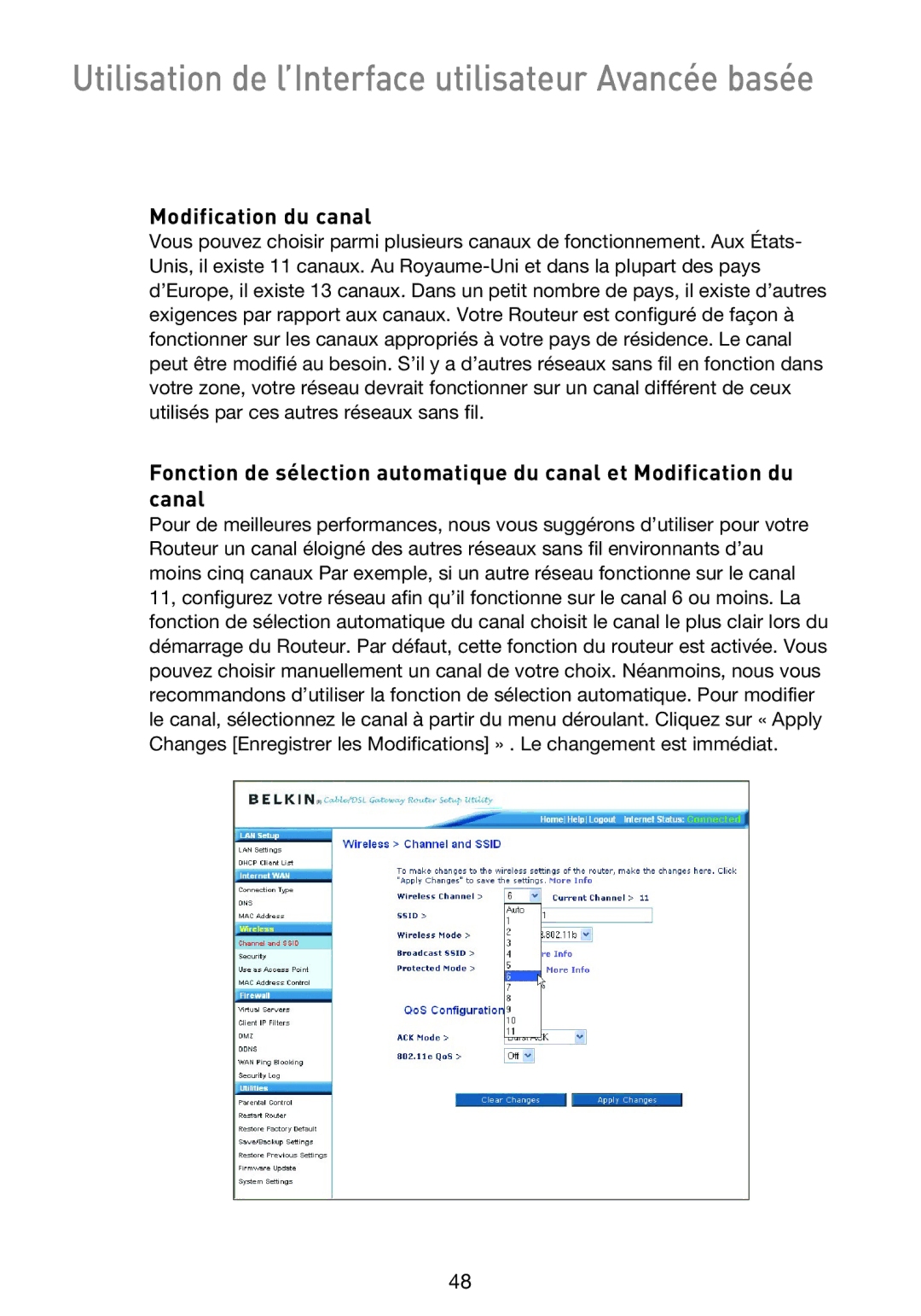 Belkin F5D9230UK4 user manual Modification du canal 