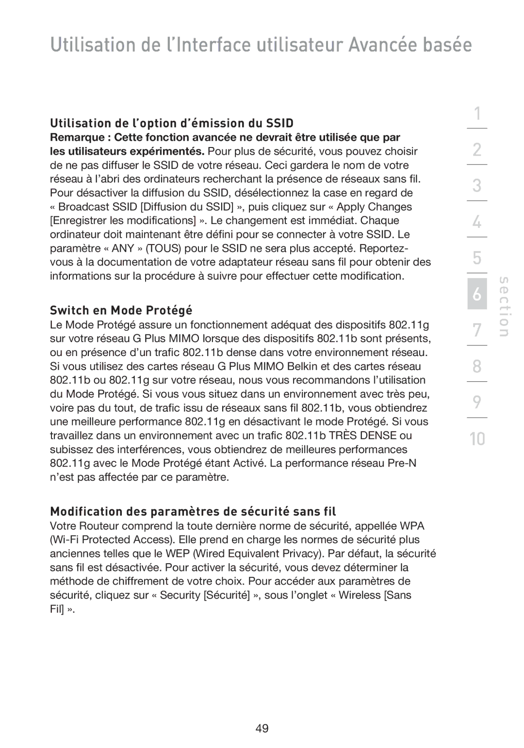 Belkin F5D9230UK4 user manual Utilisation de l’option d’émission du Ssid, Switch en Mode Protégé 